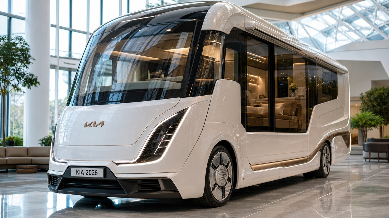 Veículo futurista branco Kia 2026 exposto em ambiente interno moderno com grandes janelas.