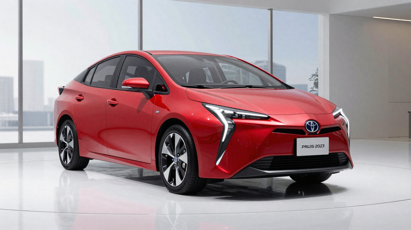 Carro Toyota Prius 2023 vermelho estacionado em ambiente interno iluminado, com design moderno e faróis em "V".