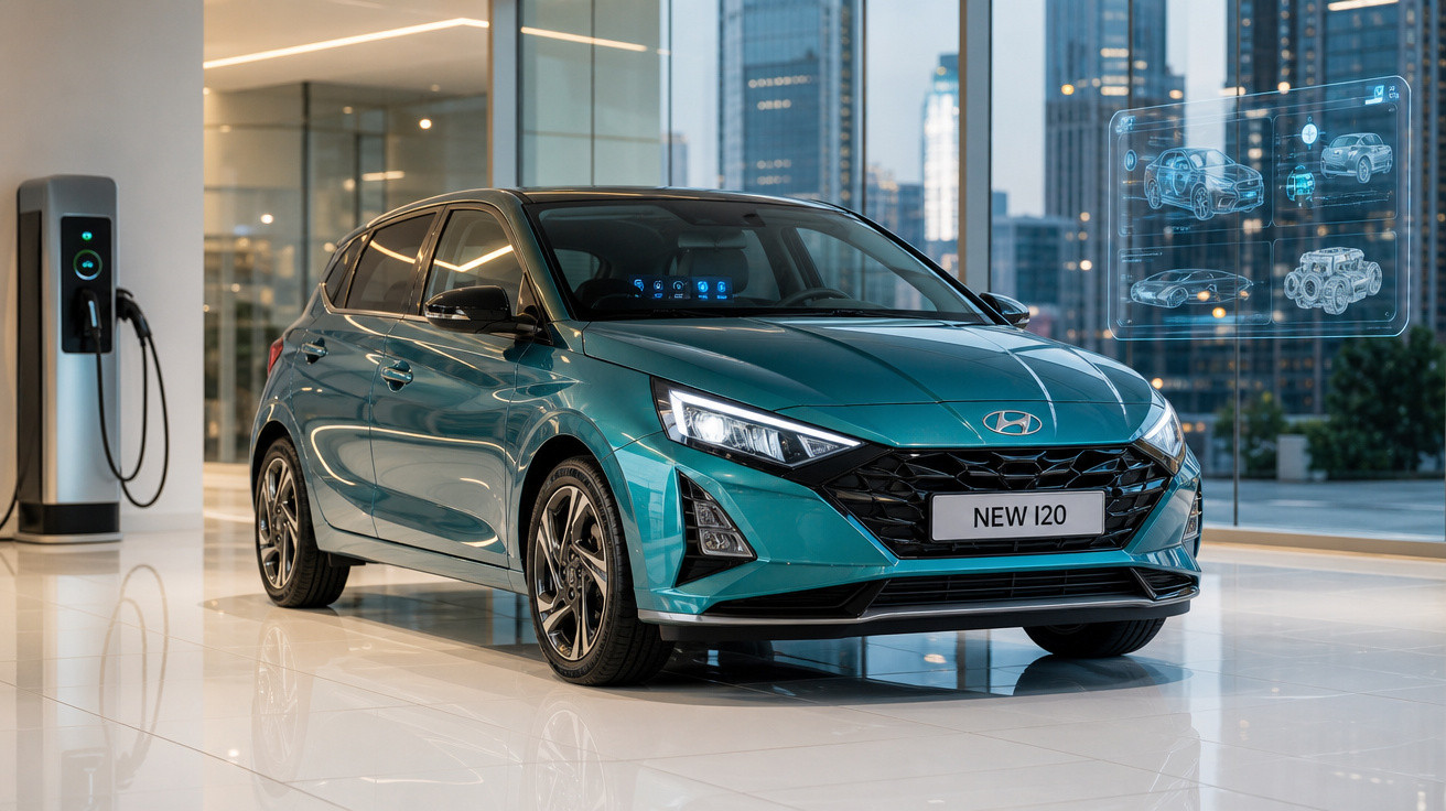 Carro elétrico Hyundai New i20 verde em showroom moderno com painel digital flutuante e estação de recarga ao lado.