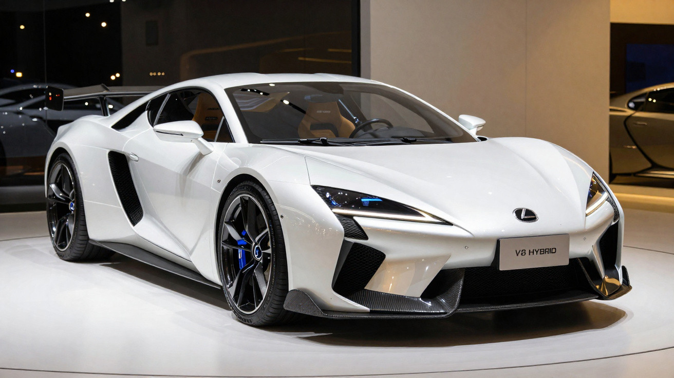 Carro esportivo híbrido Lexus V8 branco exibido em showroom moderno.