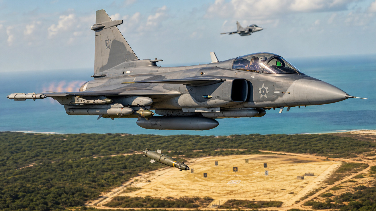 Caça militar cinza da Força Aérea de Israel lançando um míssil sobre área de treino perto do mar.