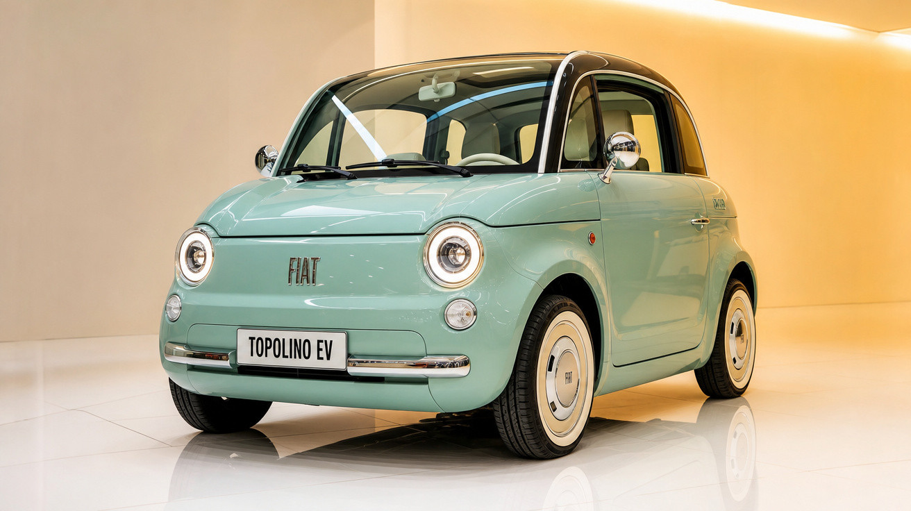 Carro elétrico Fiat Topolino EV verde água em ambiente interno com piso branco e iluminação amarela.