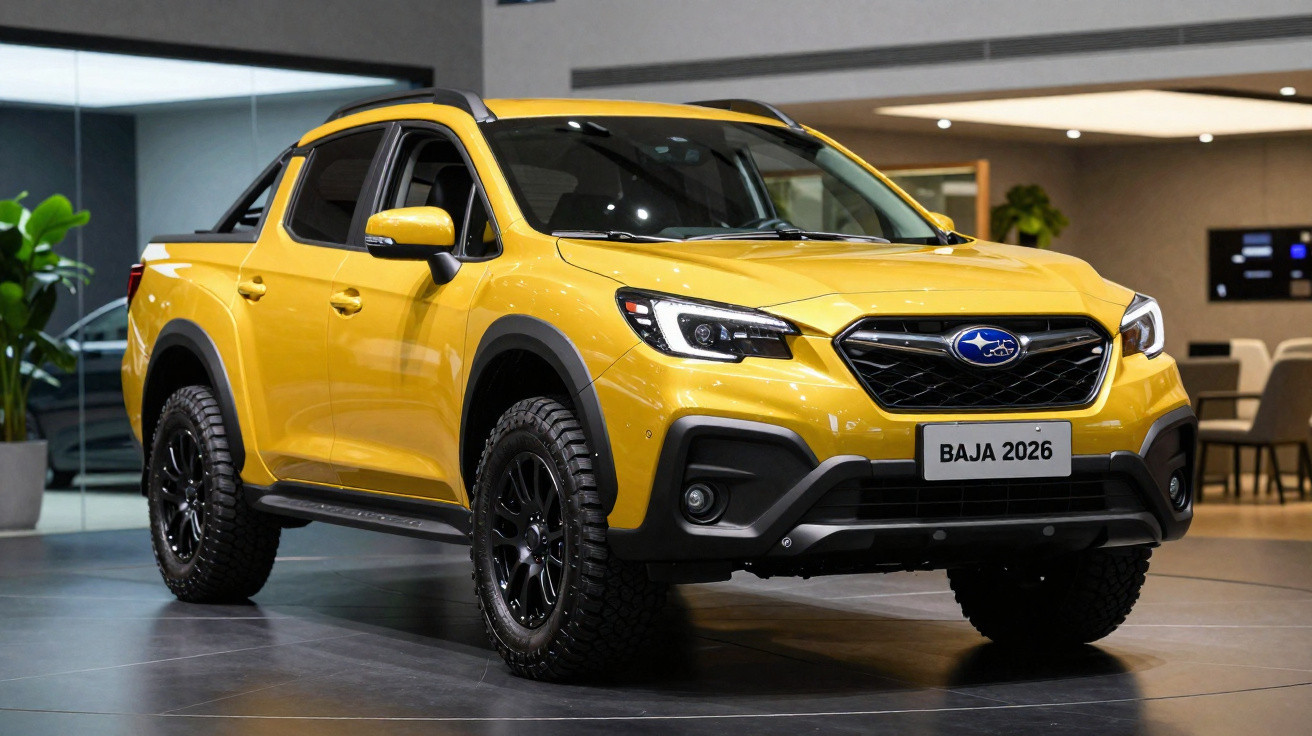 Picape Subaru Baja 2026 amarela exibida em ambiente interno com rodas pretas e design robusto.