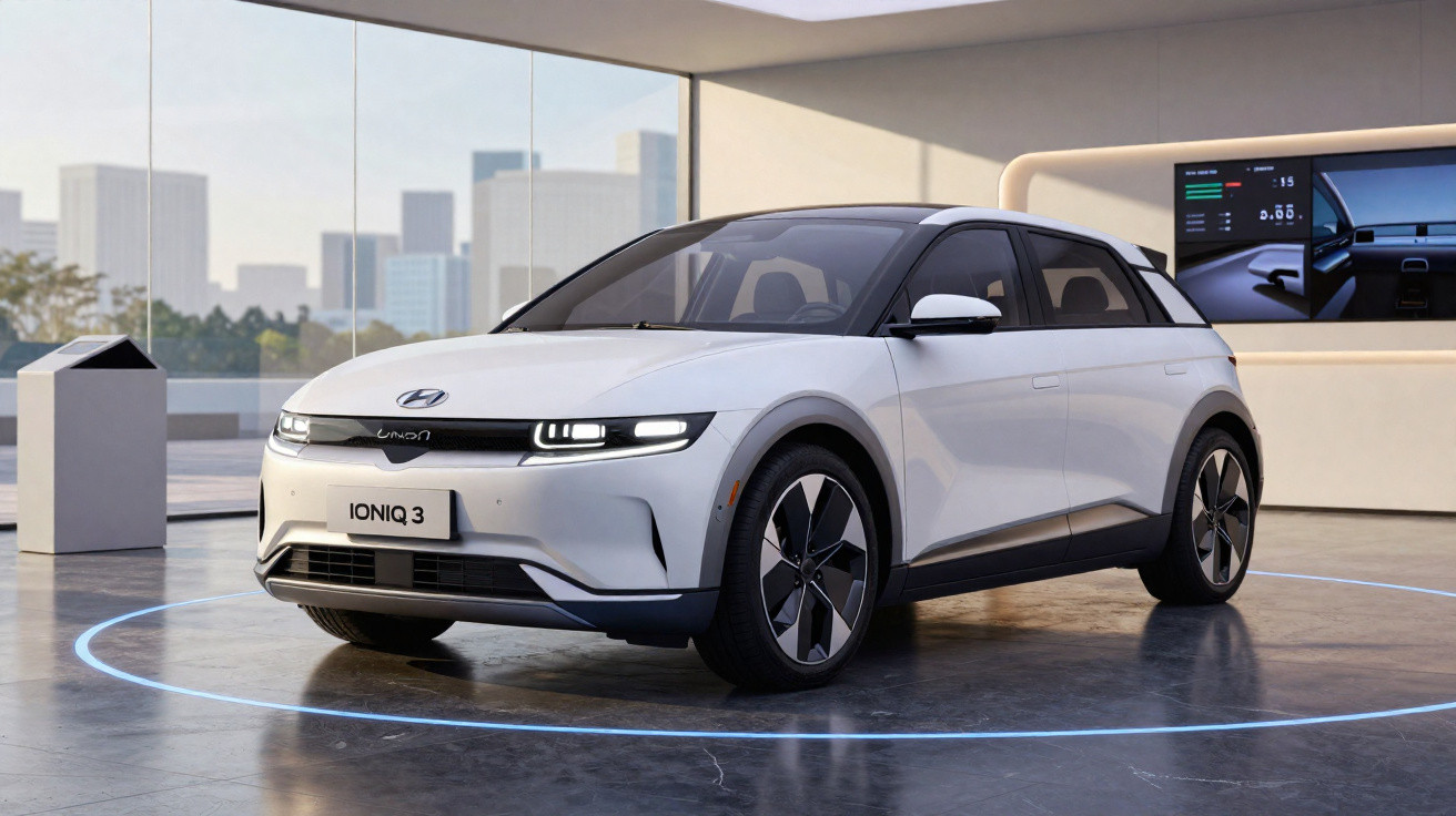 Carro elétrico branco Hyundai Ioniq 3 em exposição moderna com painel digital ao fundo.