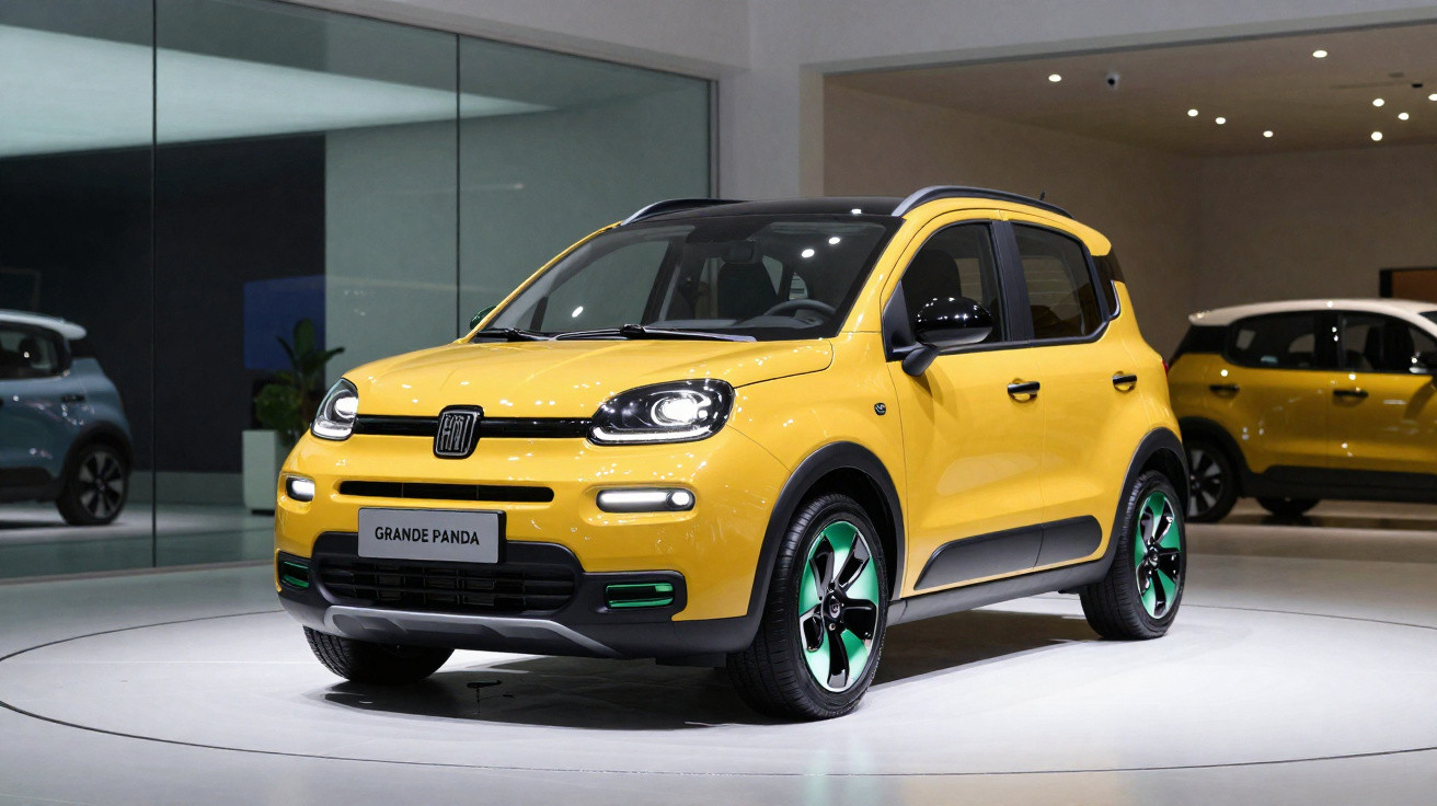 Carro compacto amarelo Fiat Grande Panda exposto em showroom moderno com piso branco e decoração minimalista.
