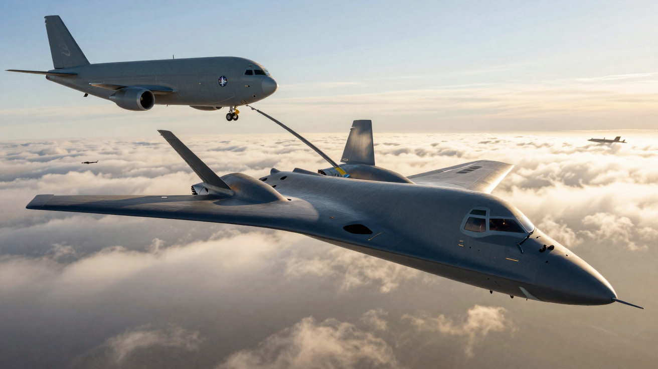 Avião militar reabastecendo outra aeronave em voo acima das nuvens ao pôr do sol.