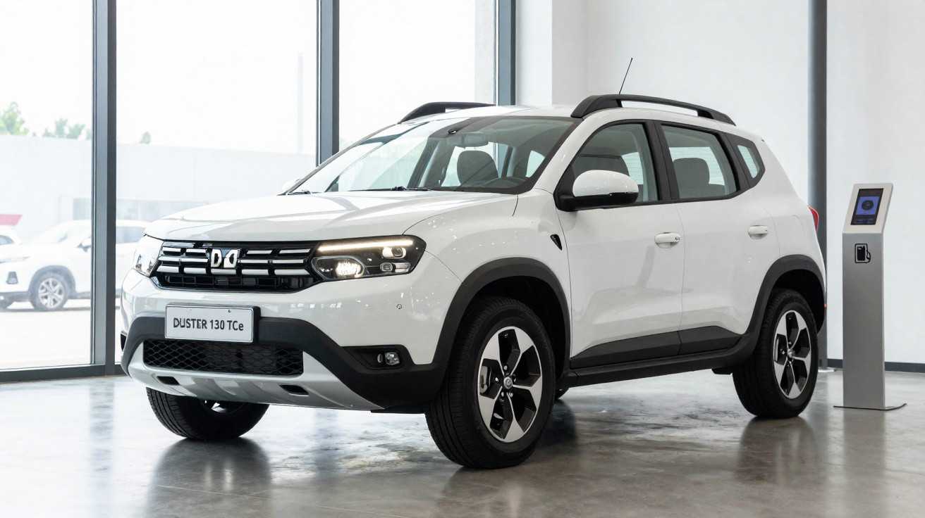 SUV branco Duster 130 TCe estacionado em showroom moderno com piso cinza e grandes janelas.