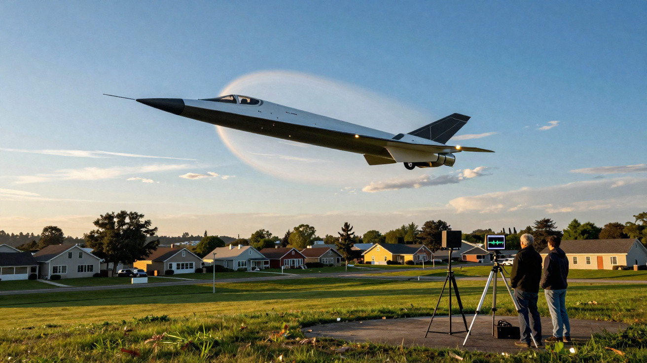 Avião supersônico voando baixo sobre campo com duas pessoas observando em equipamento de medição.