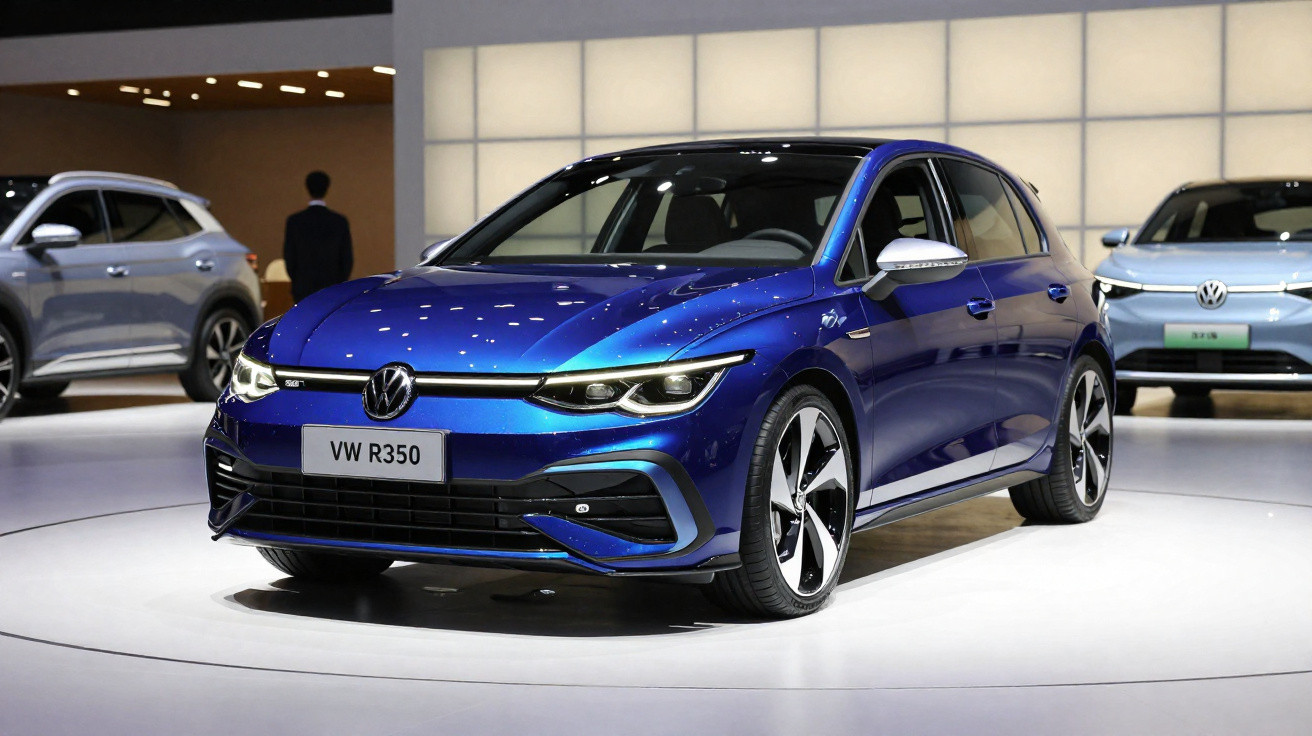 Carro Volkswagen VW R350 azul exibido em salão de automóveis com outras exposições ao fundo.