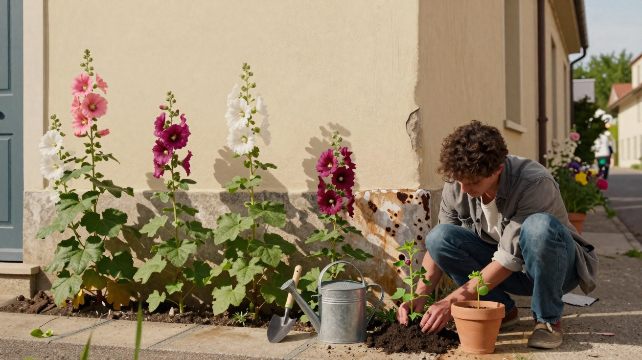 Pessoa agachada cuidando de planta em vaso perto de flores altas coloridas ao lado de casa.