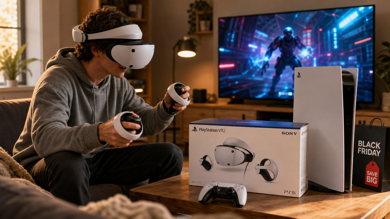 Jovem usando óculos de realidade virtual PlayStation VR2 jogando em sala com videogame PS5 e TV.