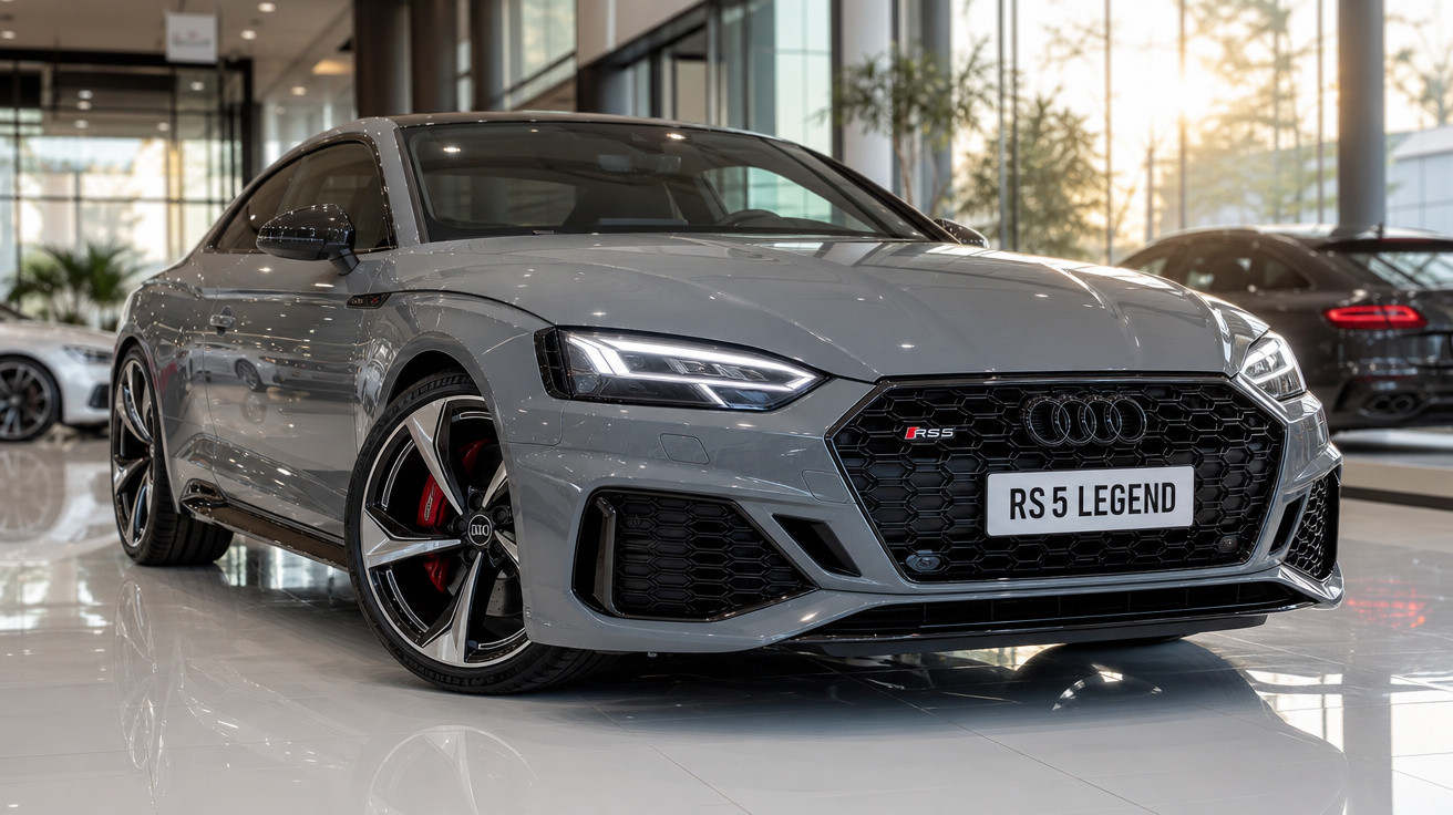 Carro Audi RS5 cinza exposto em showroom moderno com piso brilhante e iluminação natural.