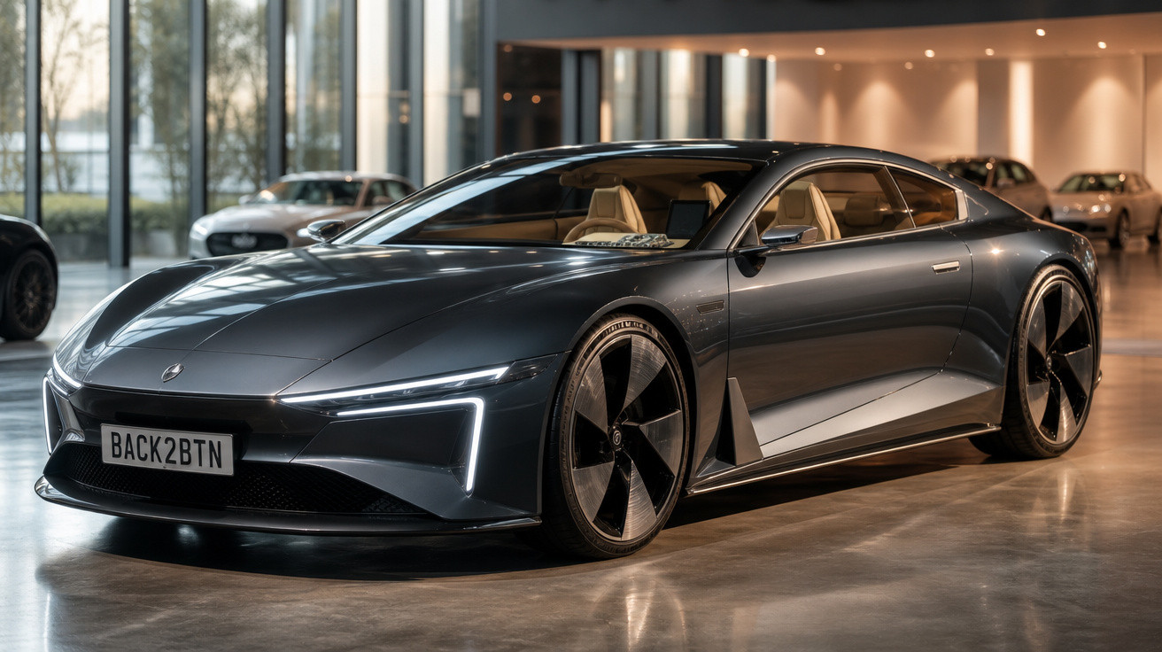 Carro esportivo elétrico cinza com design futurista exposto em ambiente interno moderno.