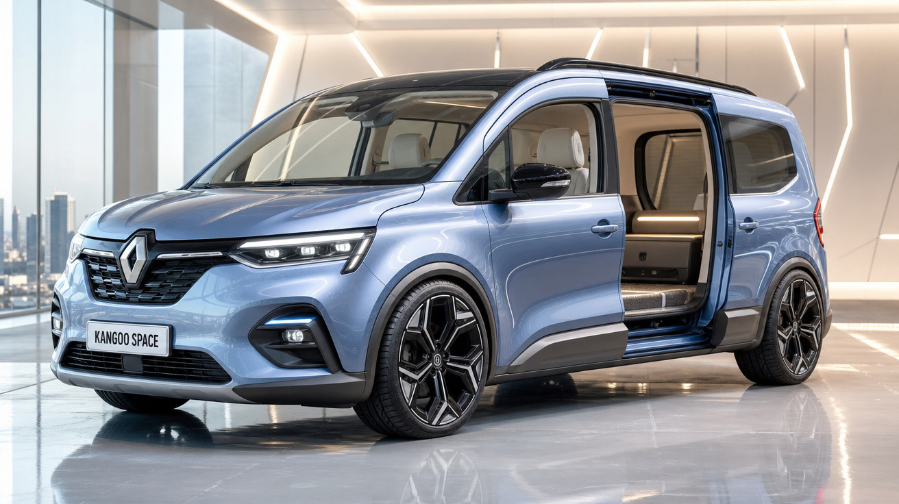 Renault Kangoo Space azul metálico com porta lateral deslizante aberta em ambiente interno moderno.