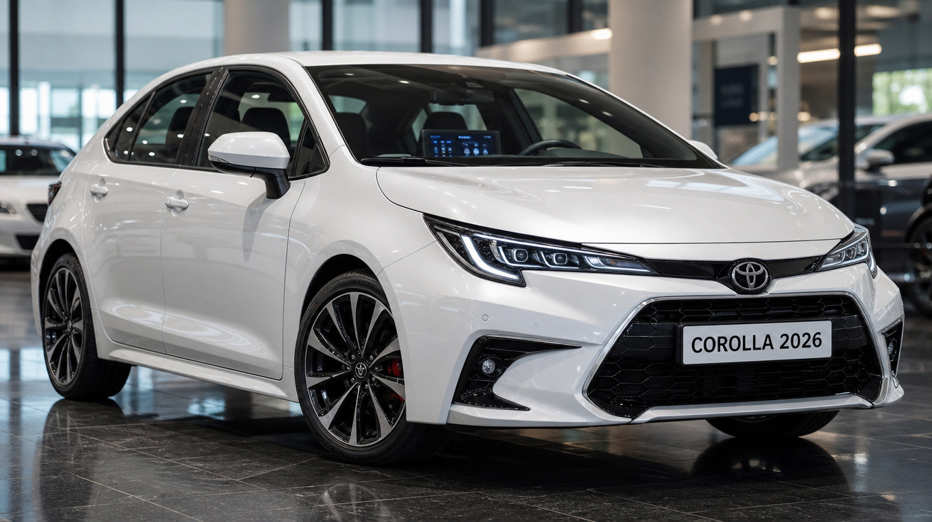Carro branco Toyota Corolla 2026 em showroom com faróis LED e rodas esportivas.
