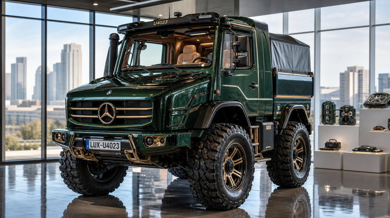 Caminhão Mercedes-Benz verde escuro com pneus off-road exposto em salão com vista para cidade.