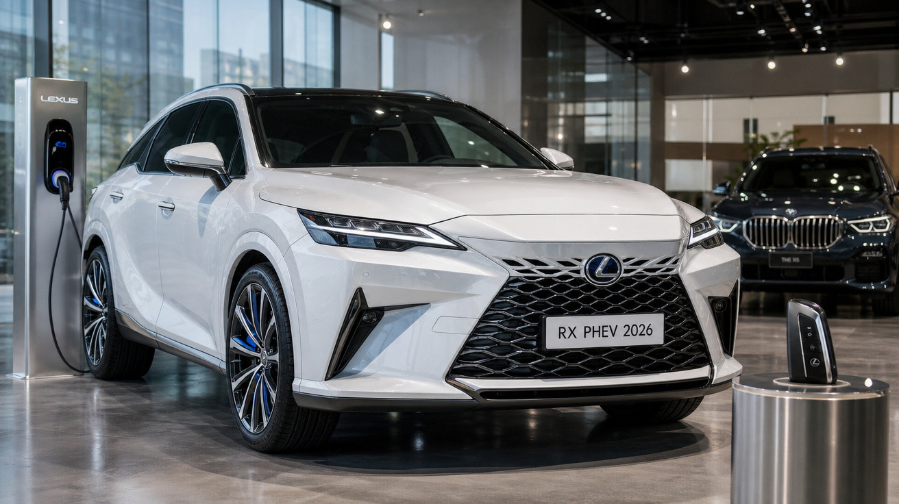 Carro branco Lexus RX PHEV 2026 elétrico em exposição com estação de carregamento em showroom moderno.