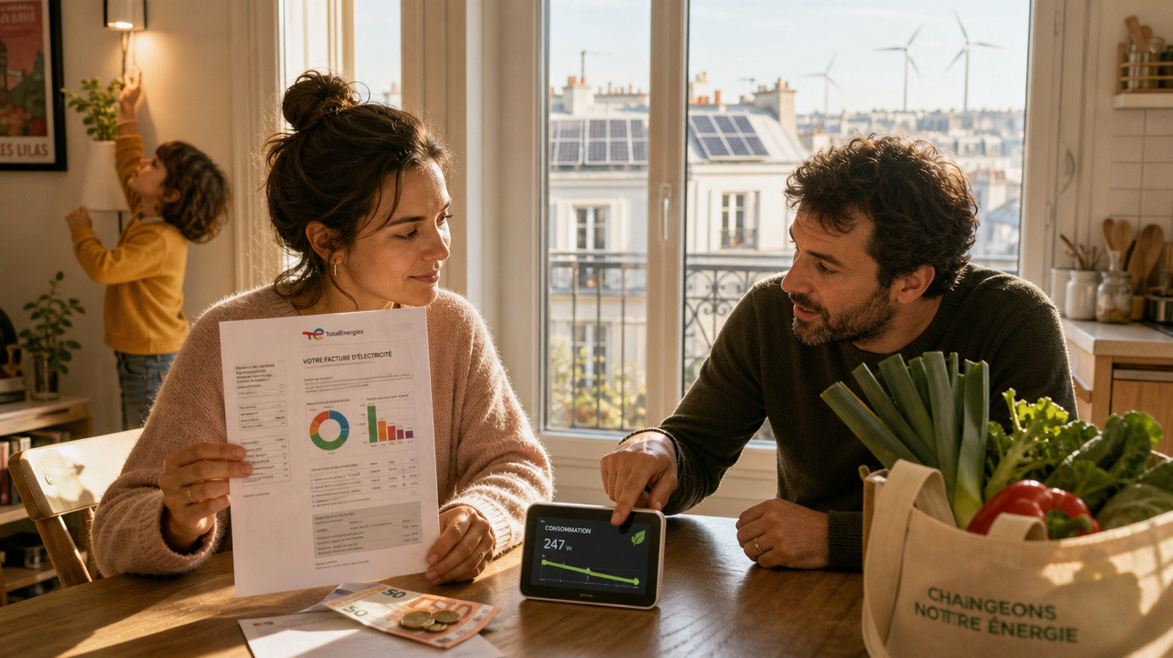 Casal analisa conta de energia em casa com painel solar e turbinas eólicas ao fundo. Criança ao fundo.