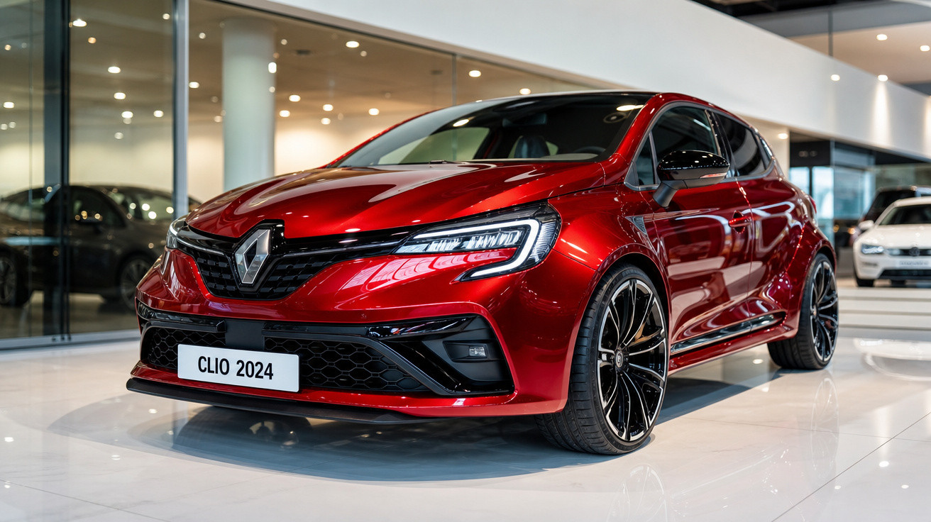 Carro Renault Clio 2024 vermelho exposto em showroom moderno com piso branco e iluminação interna.