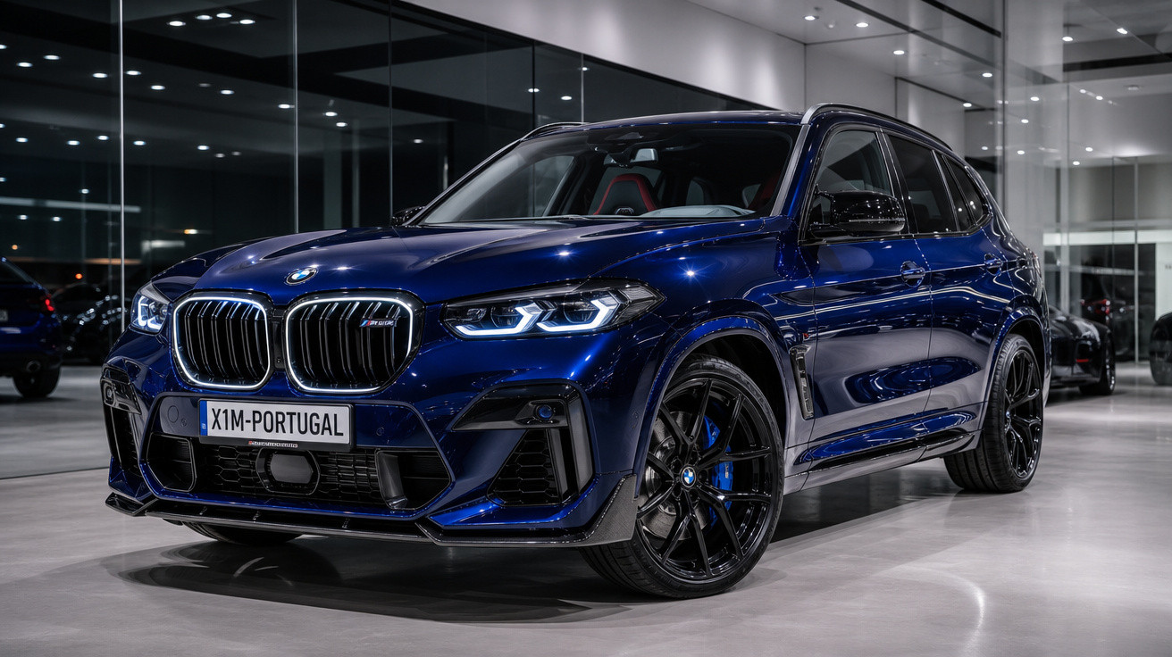 SUV BMW X5 M azul metálico estacionado em showroom moderno e iluminado.