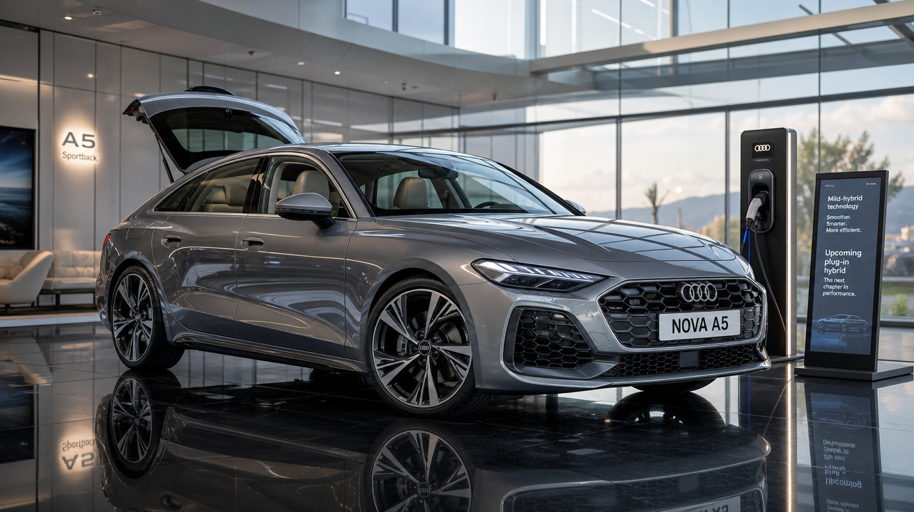 Carro esportivo Audi A5 prata exibido em showroom moderno com porta-malas aberto e estação de recarga elétrica.