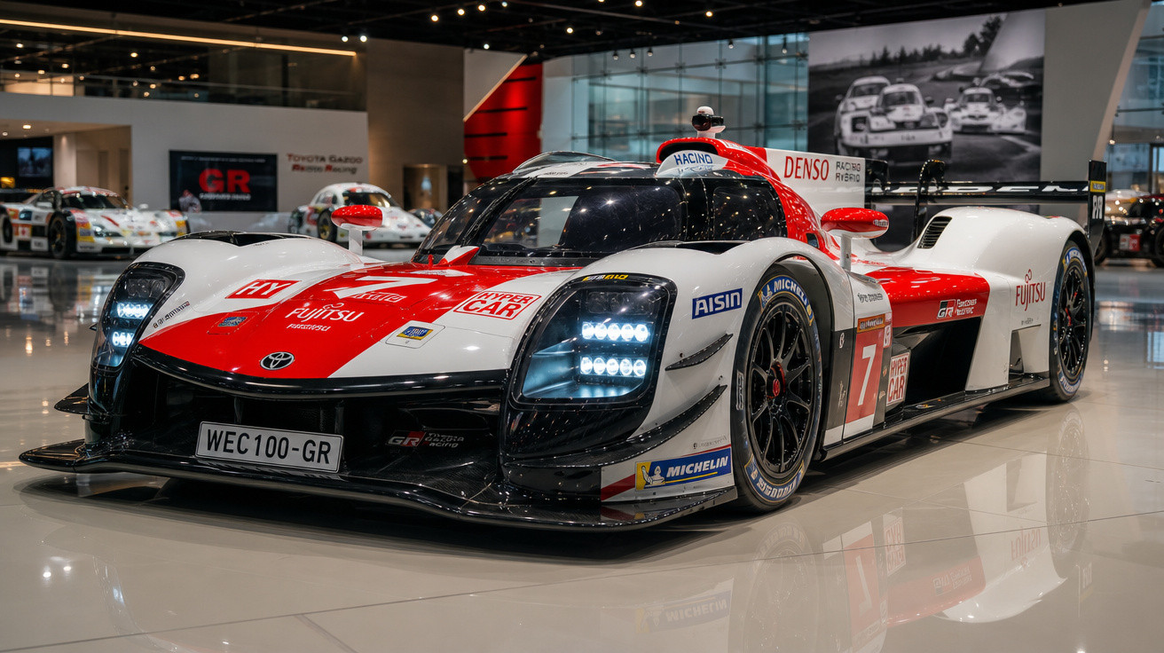Carro de corrida Toyota Gazoo Racing branco e vermelho exposto em showroom moderno.