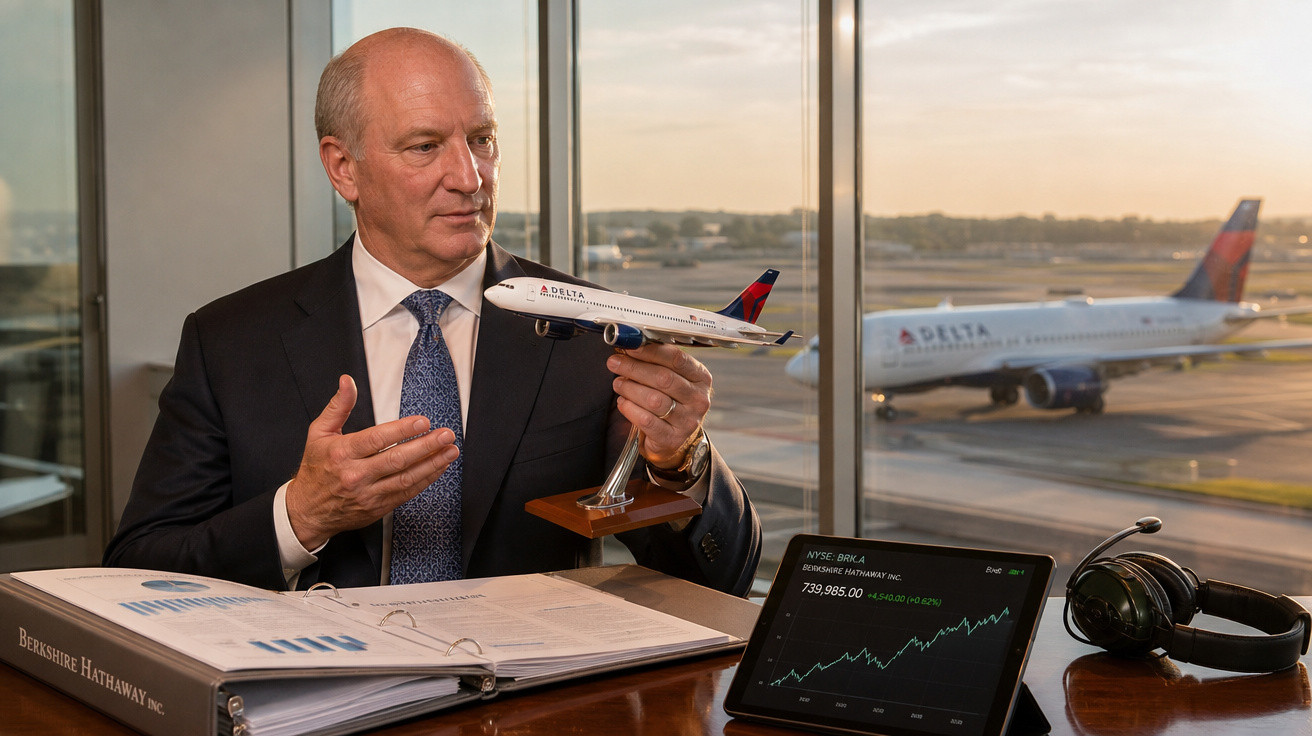 Homem de terno segura maquete de avião Delta em escritório com aeroporto ao fundo e gráficos financeiros na mesa.