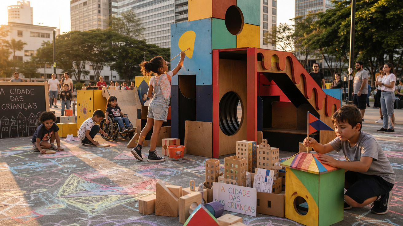 Crianças brincando com brinquedos coloridos e desenhando com giz em espaço urbano aberto ao pôr do sol.