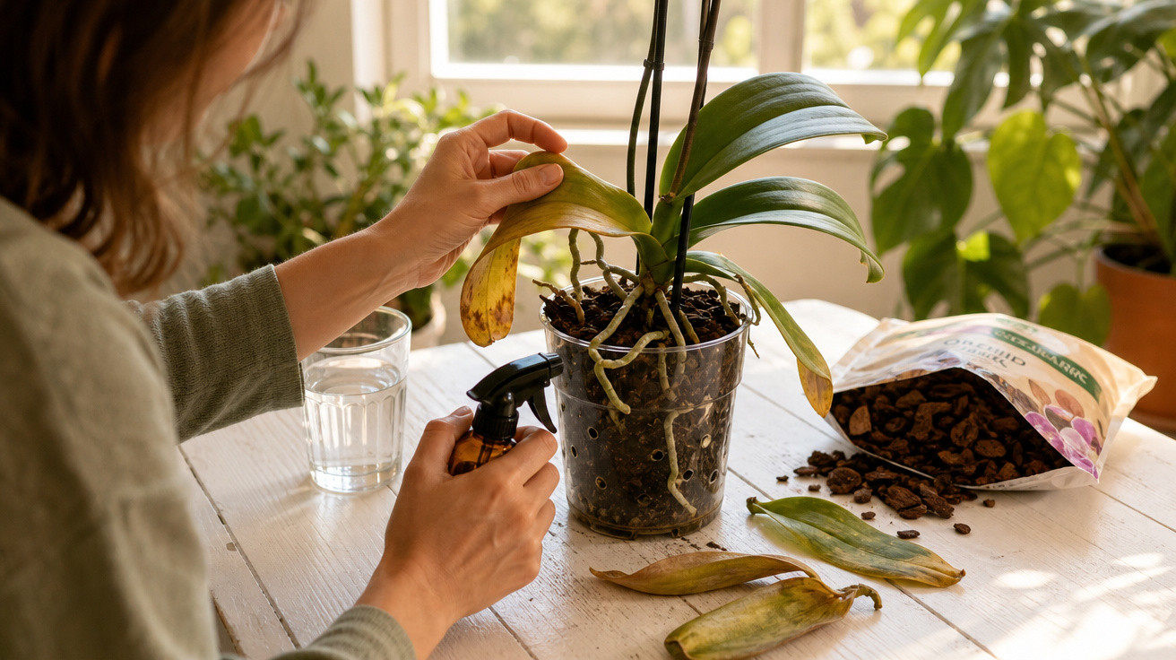 Pessoa cuidando de orquídea com folhas amareladas e borrifador em vaso transparente sobre mesa de madeira.