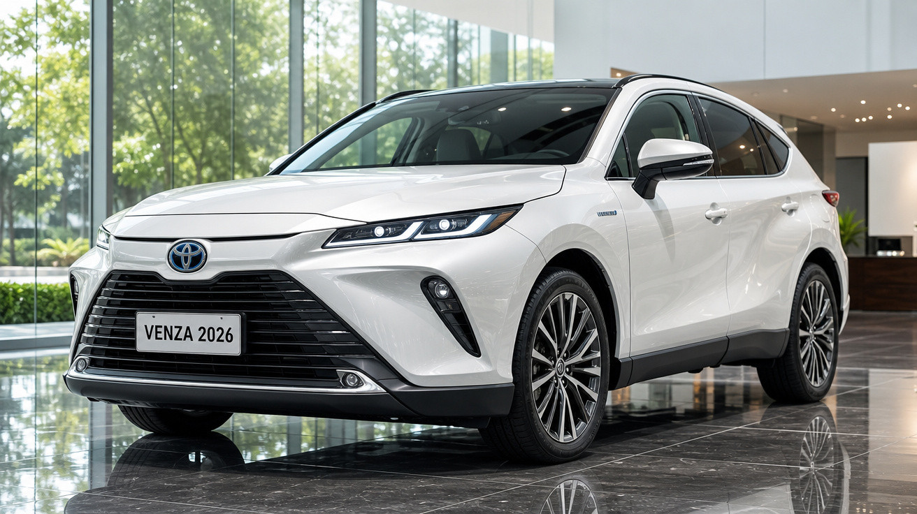 Carro SUV Toyota Venza 2026 branco exibido em showroom moderno com piso refletivo.