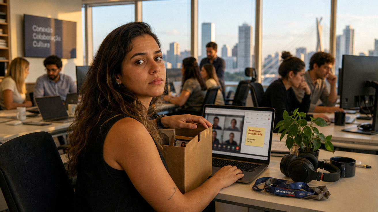 Mulher sentada em escritório moderno ao pôr do sol, com laptop aberto e colegas ao fundo.