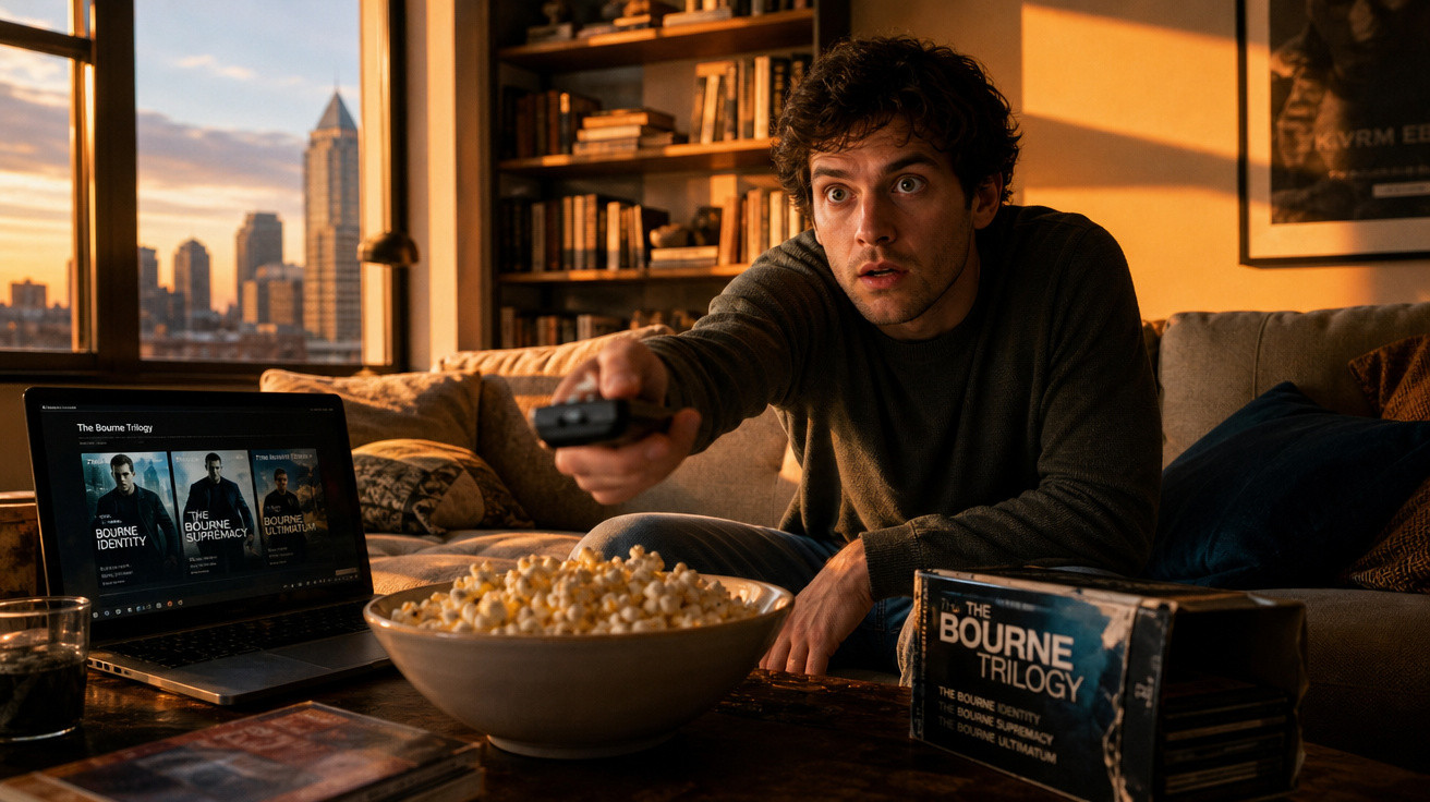 Homem sentado no sofá com controle na mão assistindo filme, pipoca e laptop ao lado com trilogia Bourne.