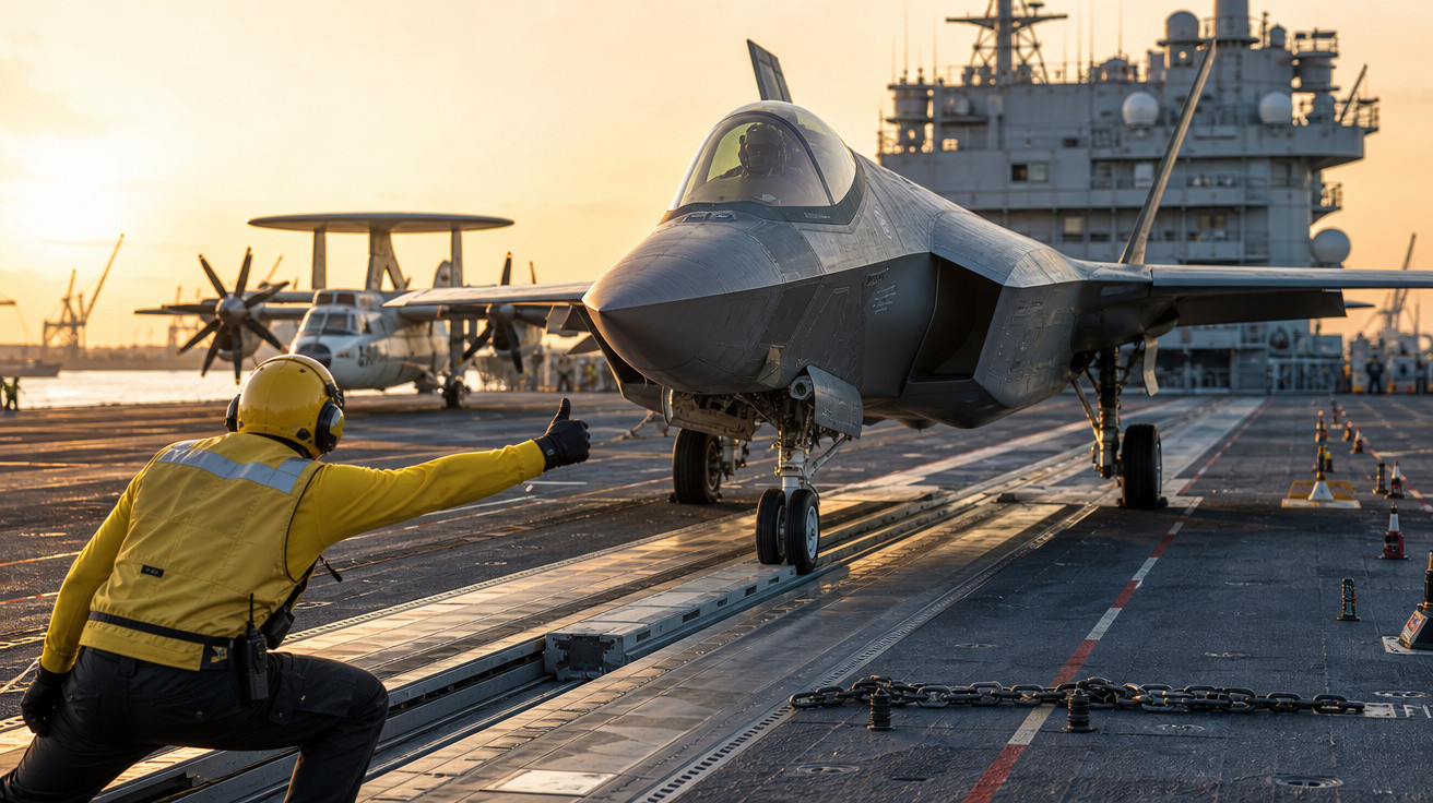 Homem com equipamento de comunicação sinaliza para caça F-35 em porta-aviões ao pôr do sol.