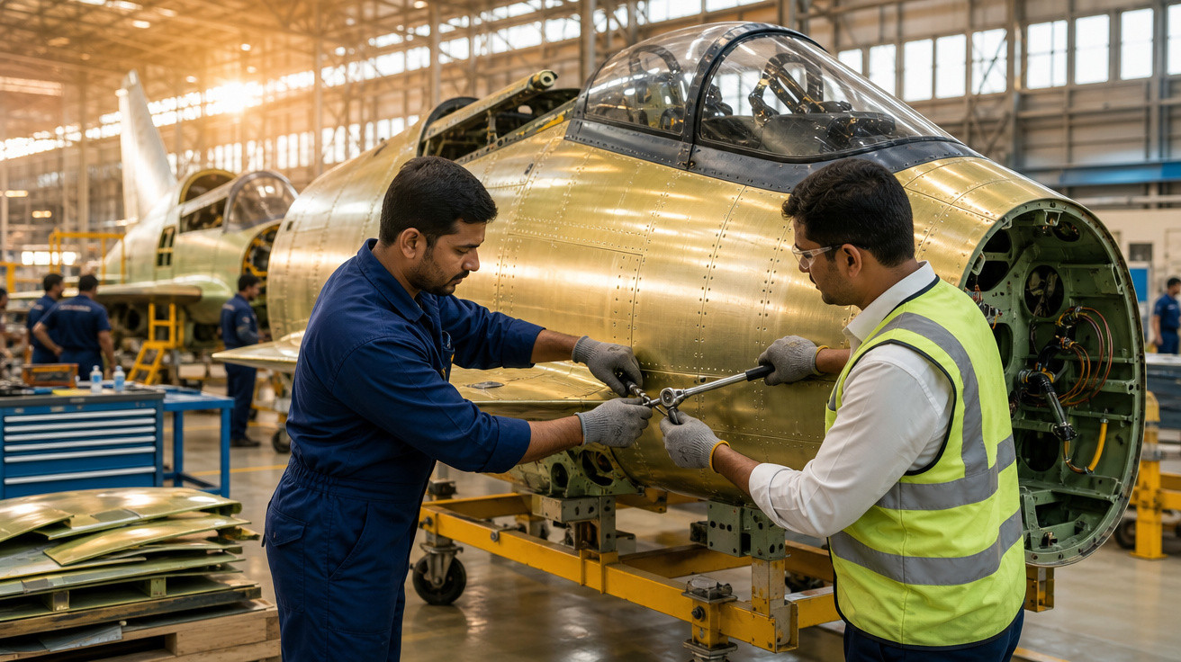 Dois homens trabalhando na montagem de uma aeronave dourada em hangar industrial.