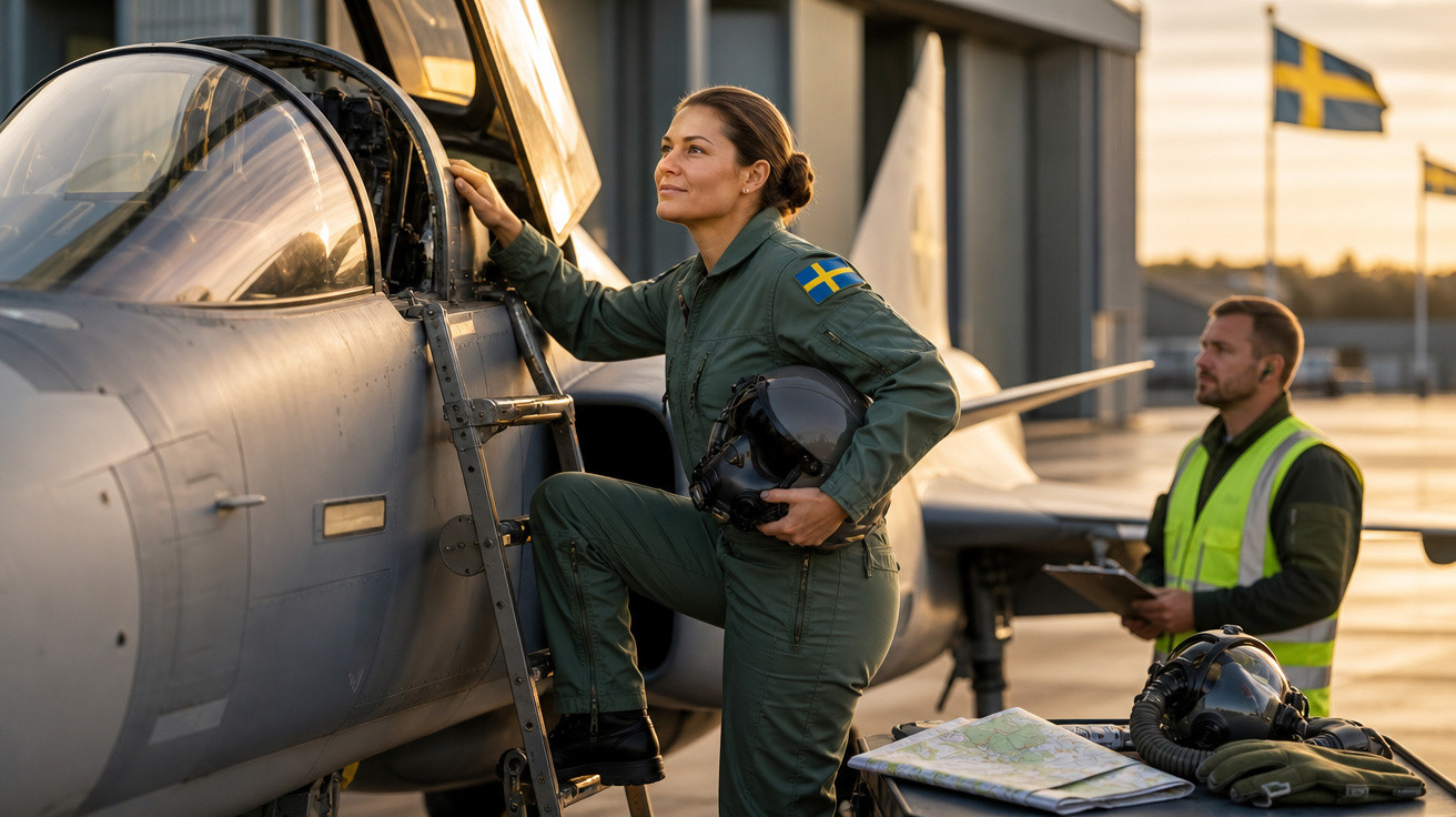 Mulher piloto militar com uniforme verde sobe em avião de caça com capacete na mão, enquanto homem observa ao fundo.