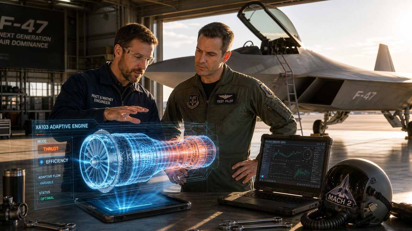 Engenheiro e piloto analisam motor adaptativo em holograma diante de avião militar em hangar.