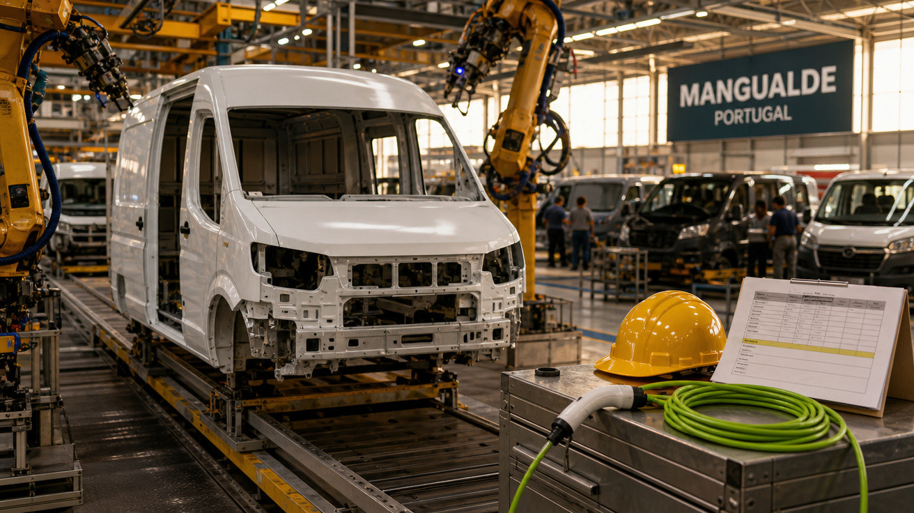 Linha de montagem de vans em fábrica, com robôs industriais, capacete amarelo e quadro de controle em destaque.