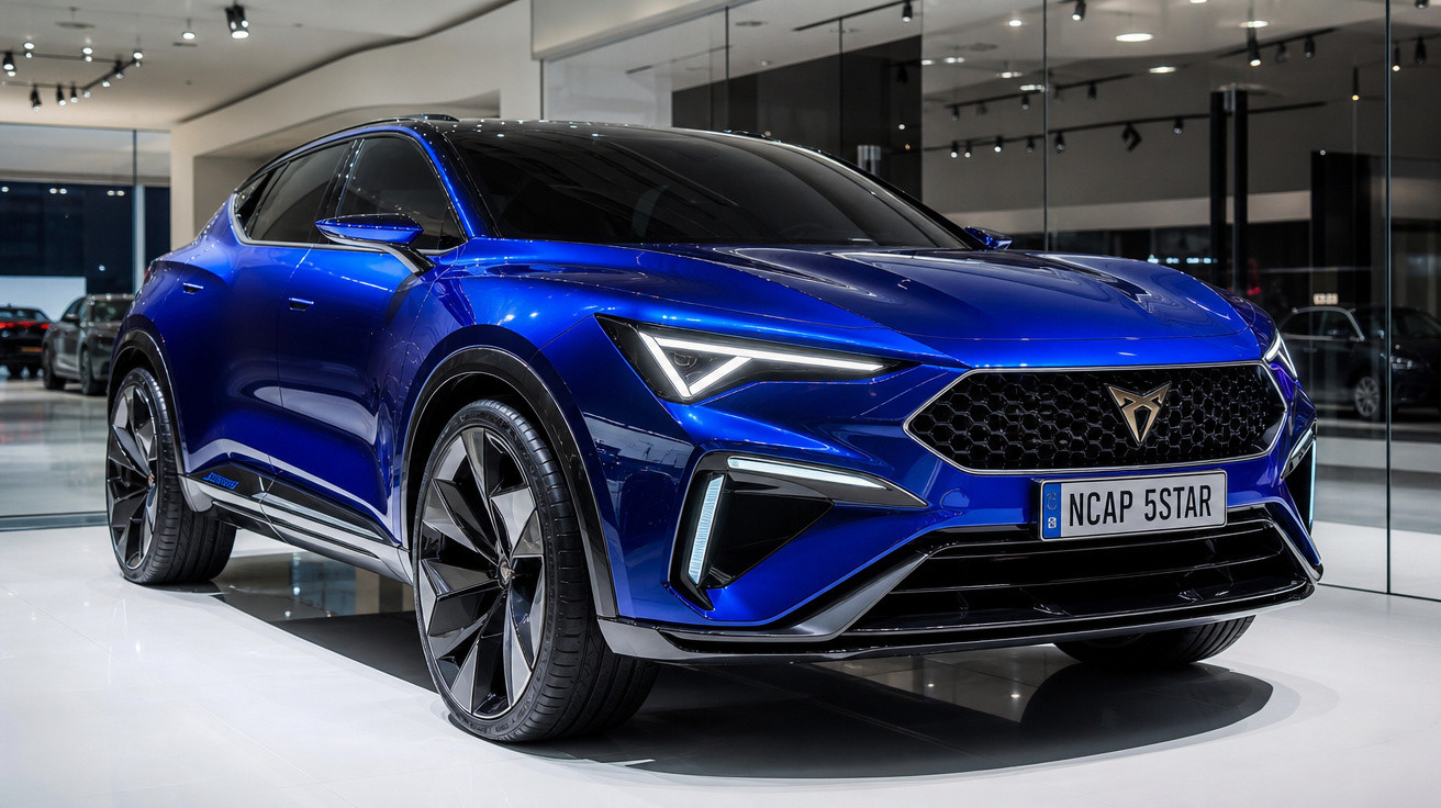 Carro esporte azul moderno exibido em salão de automóveis com iluminação interna refletida no vidro.