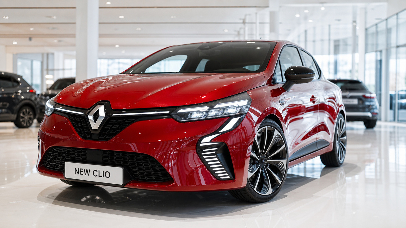 Carro Renault New Clio vermelho exibido em showroom moderno com piso branco e iluminação natural.
