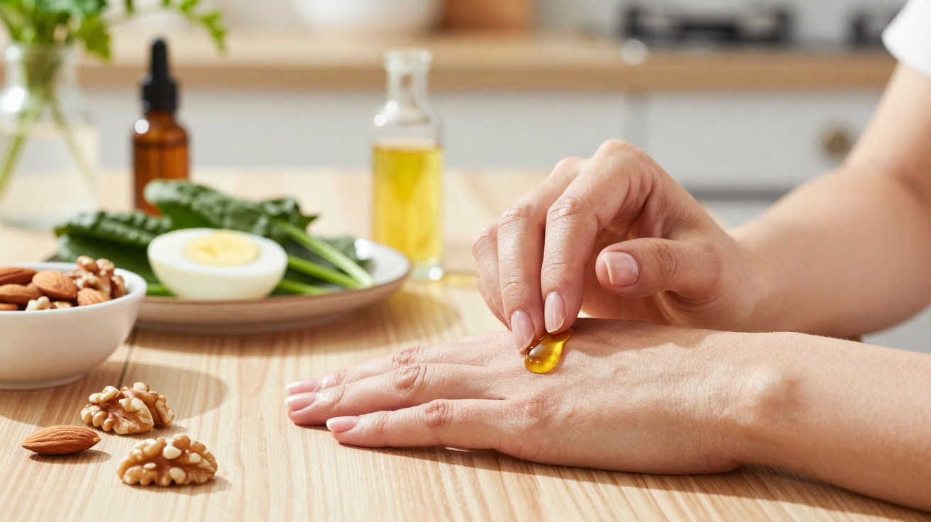 Mão aplicando óleo em gel, com nozes, amêndoas, ovo e vegetais ao fundo em superfície de madeira.