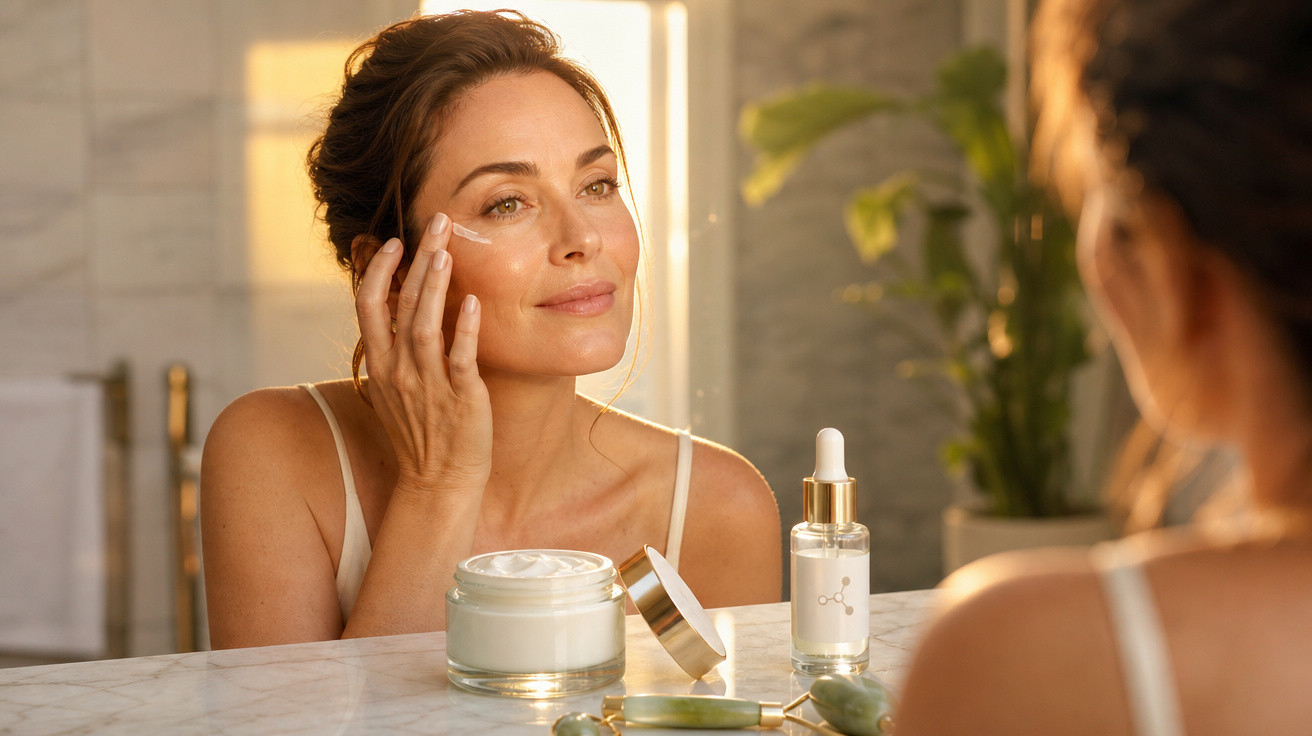 Mulher aplicando creme facial em frente ao espelho em ambiente iluminado e decorado com planta.