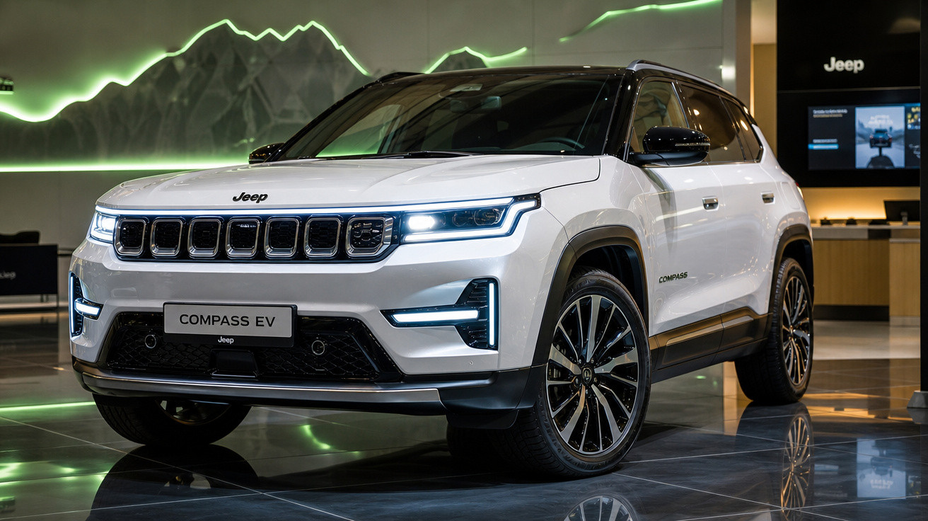 Jeep Compass EV branco em exposição com iluminação verde ao fundo em showroom moderno.