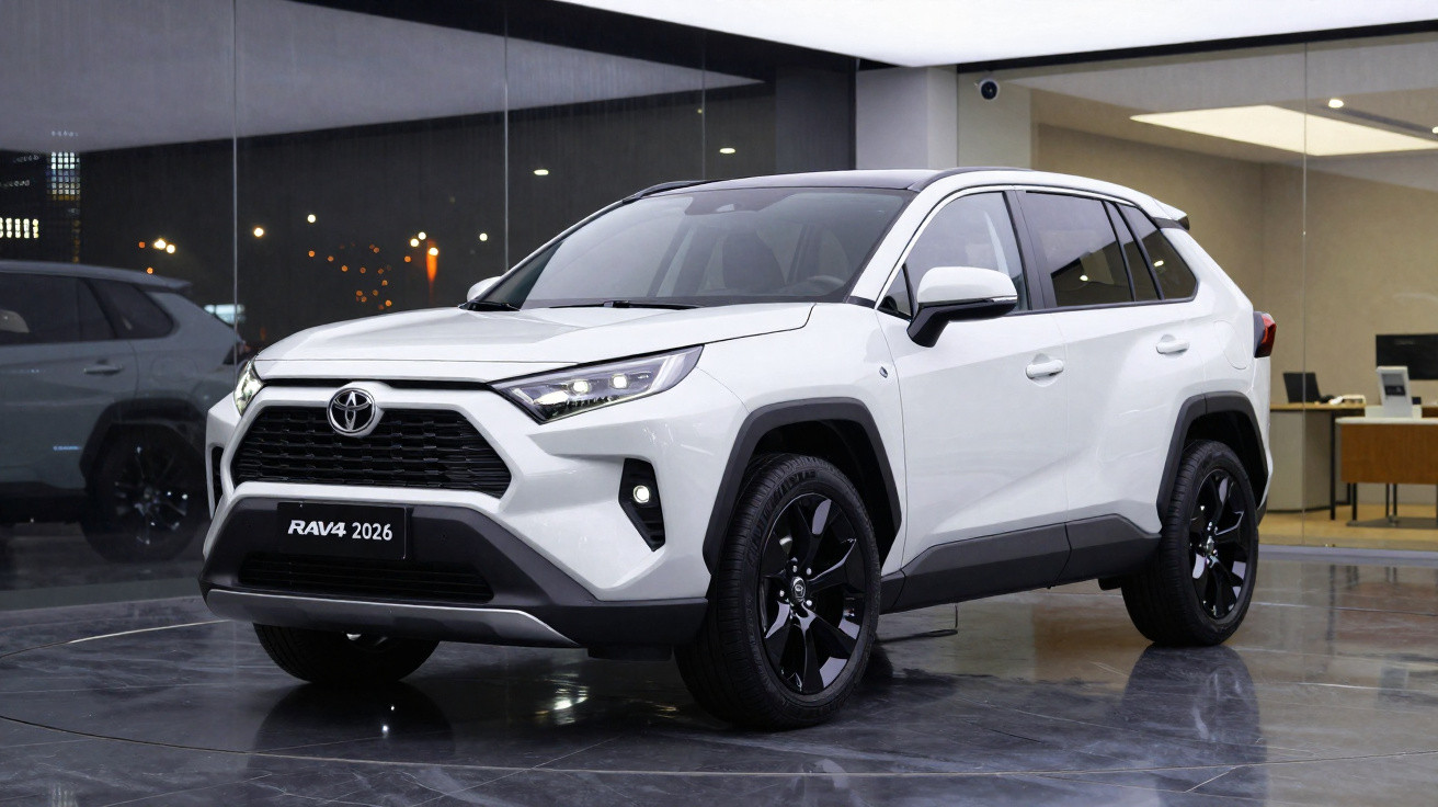 SUV Toyota RAV4 2026 branco exibido em showroom moderno com piso refletivo e decoração minimalista.