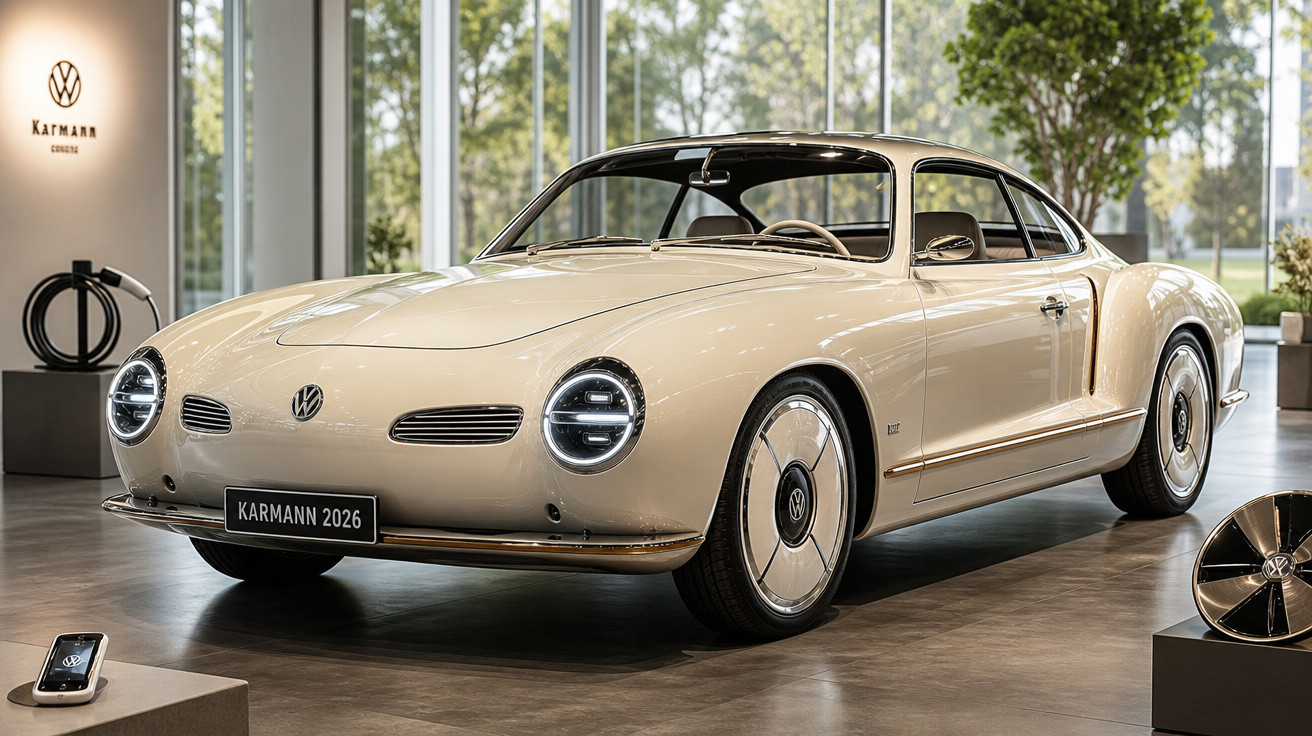 Carro clássico Volkswagen Karmann 2026 em exibição em showroom moderno com grandes janelas e plantas.