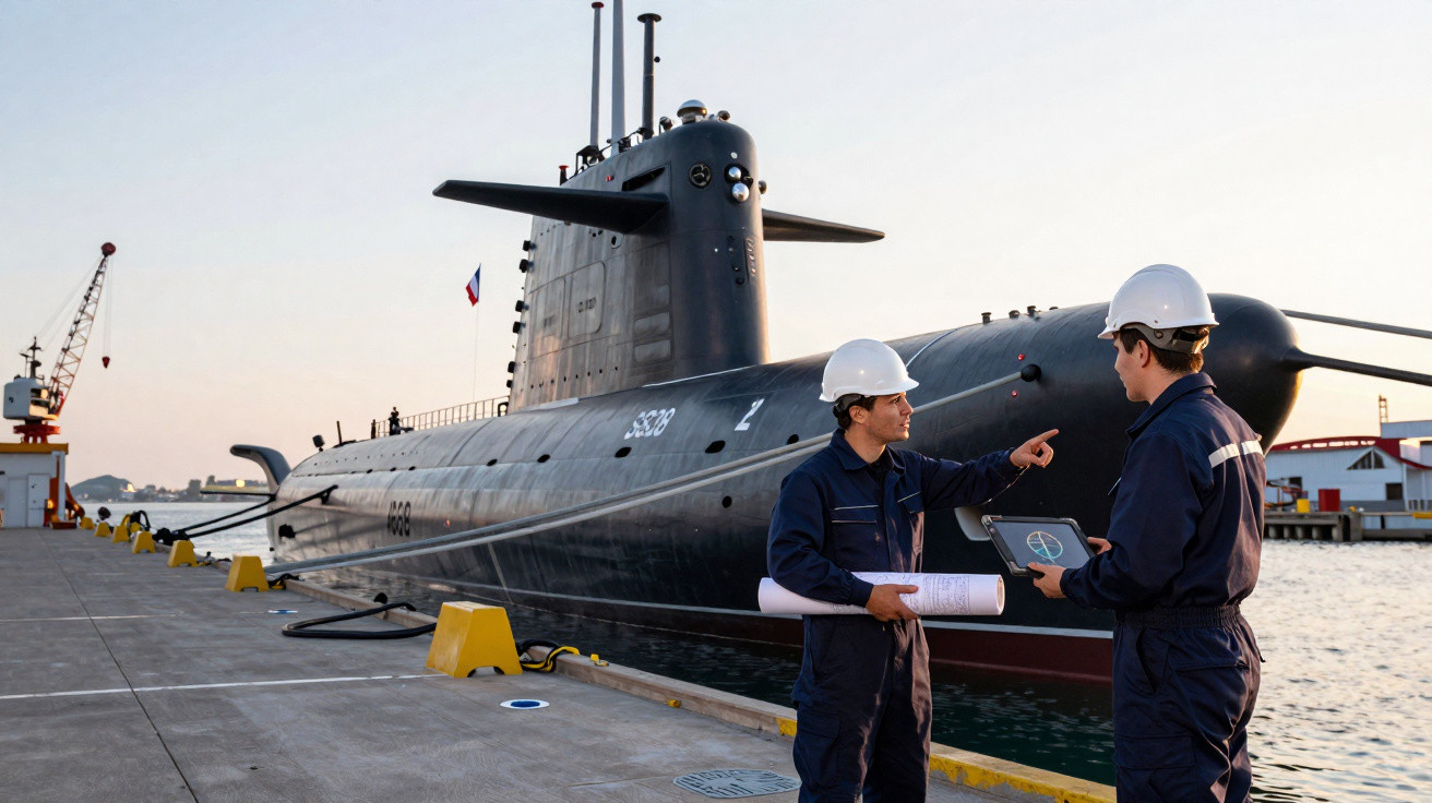 Dois homens com capacetes de segurança conversam em um cais ao lado de um submarino preto ancorado.