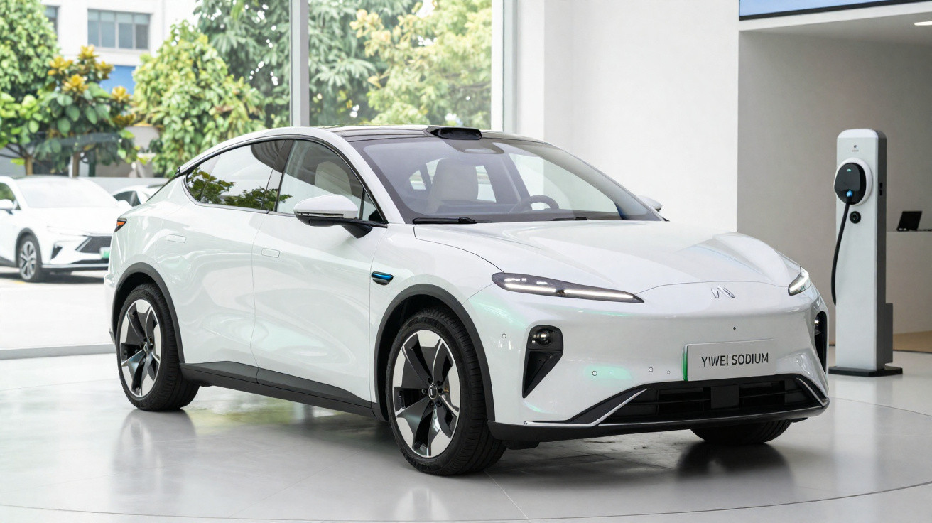 Carro elétrico branco YIWEI SODIUM estacionado em showroom com carregador ao fundo.