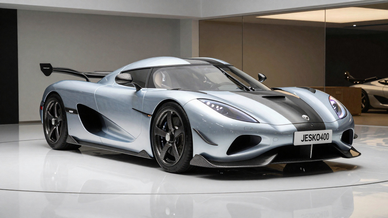 Carro esportivo prata com detalhes em preto e aerofólio traseiro, exibido em ambiente interno moderno.
