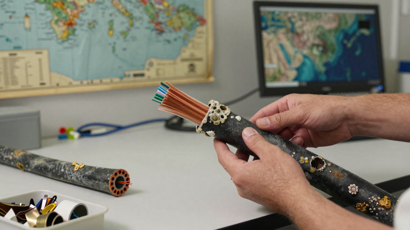 Mãos segurando fragmento de cabo submarino com crustáceos, em mesa com mapas e computador ao fundo.