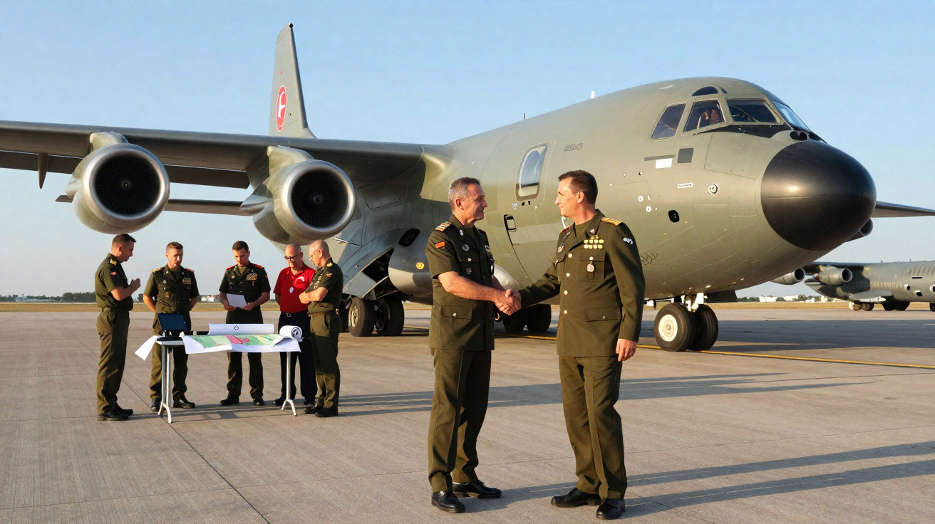 Dois militares se cumprimentam em pista com avião de transporte militar ao fundo em dia ensolarado.