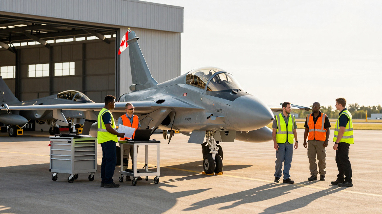 Cinco técnicos em coletes refletivos trabalham ao redor de dois jatos militares estacionados em hangar.